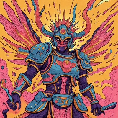 The primary subject of the image is a person, possibly a demon or a warrior, wearing a blue suit and holding a sword. The setting appears to be a colorful and vibrant environment, with a backdrop of a yellow and pink sky. The visual style of the image is a combination of digital art and illustration, creating a unique and eye-catching scene. The dominant colors in the image are blue, yellow, and pink, giving the image a lively and energetic atmosphere.
